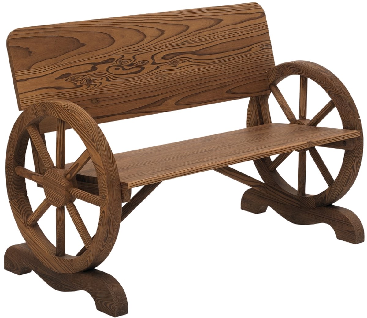 Tuinbank 114 × 58 × 80 cm donkerbruin hout fauteuil stoel relaxstoel 2-zits ontwerp met armleuningen in wielvorm landelijke vintage stijl geschikt voor tuin terras balkon en buitenruimte