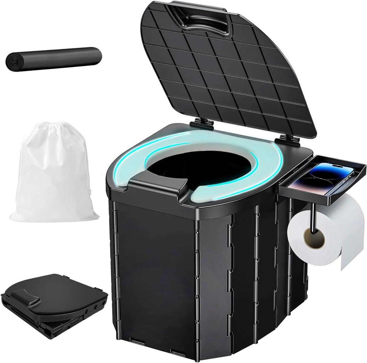 Camping Toilet - Draagbaar Potty - Mobiele Sanitair - Met Papierhouder - Tot 200 kg - Zwart