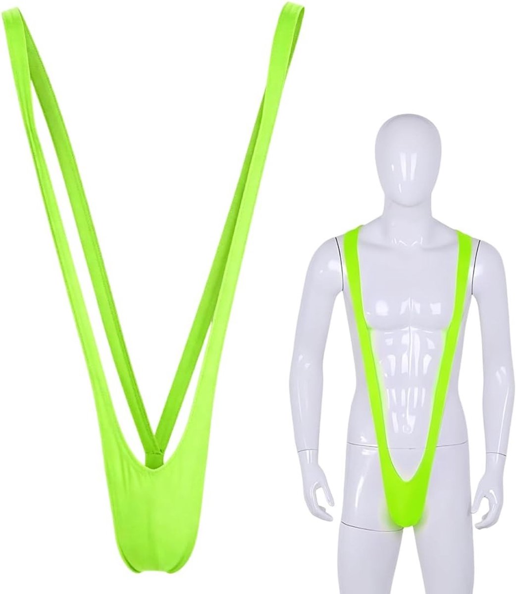 Mankini Kostuum voor Mannen in Neon Groen, One Size, V-vormige Slip van Rekbaar Polyester voor Strand, Poolparty en Sauna