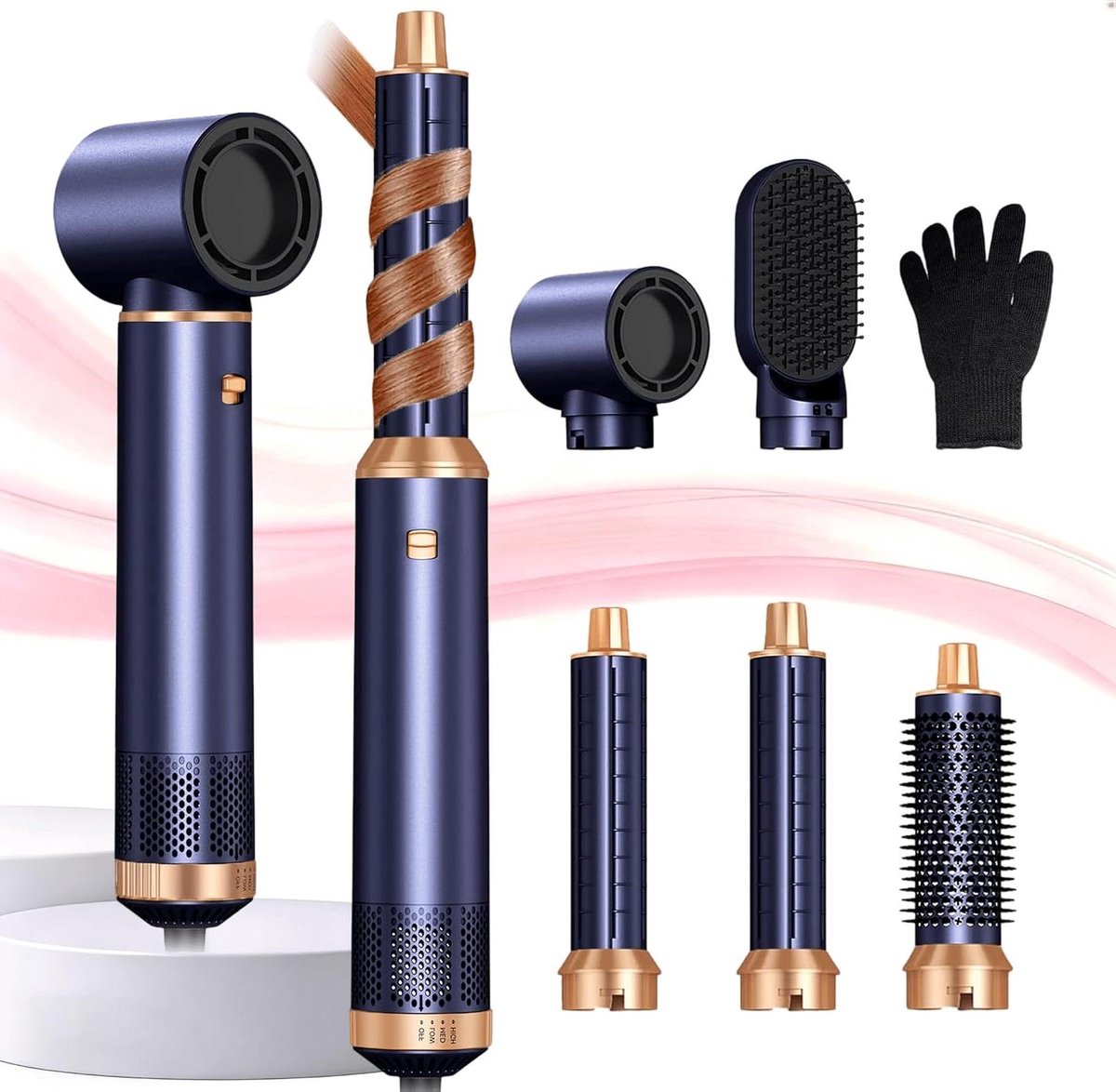 Haarstyler 5-in-1 - Luchtstyler Krultang - Dagelijkse Styling - Automatische Luchtstroom Krul - 1000 W - Blauw