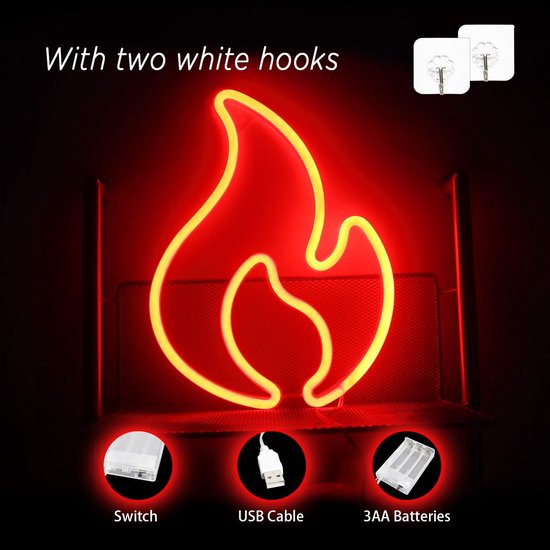Wand Neon Bord in Vlamvorm, Rode Neon LED Verlichting, Sfeerlamp Nachtlampje, Decoratieve Verlichting voor Huis, Bar, Restaurant en Winkels — afbeelding 3