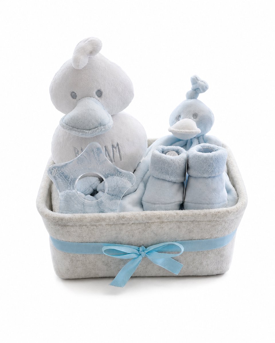 Geboortecadeau Jongen – Luxe Baby Geschenkmand met Knuffels, Babyslofjes & Bijtring – Blauw – Kraamcadeau & Babyshower Cadeau