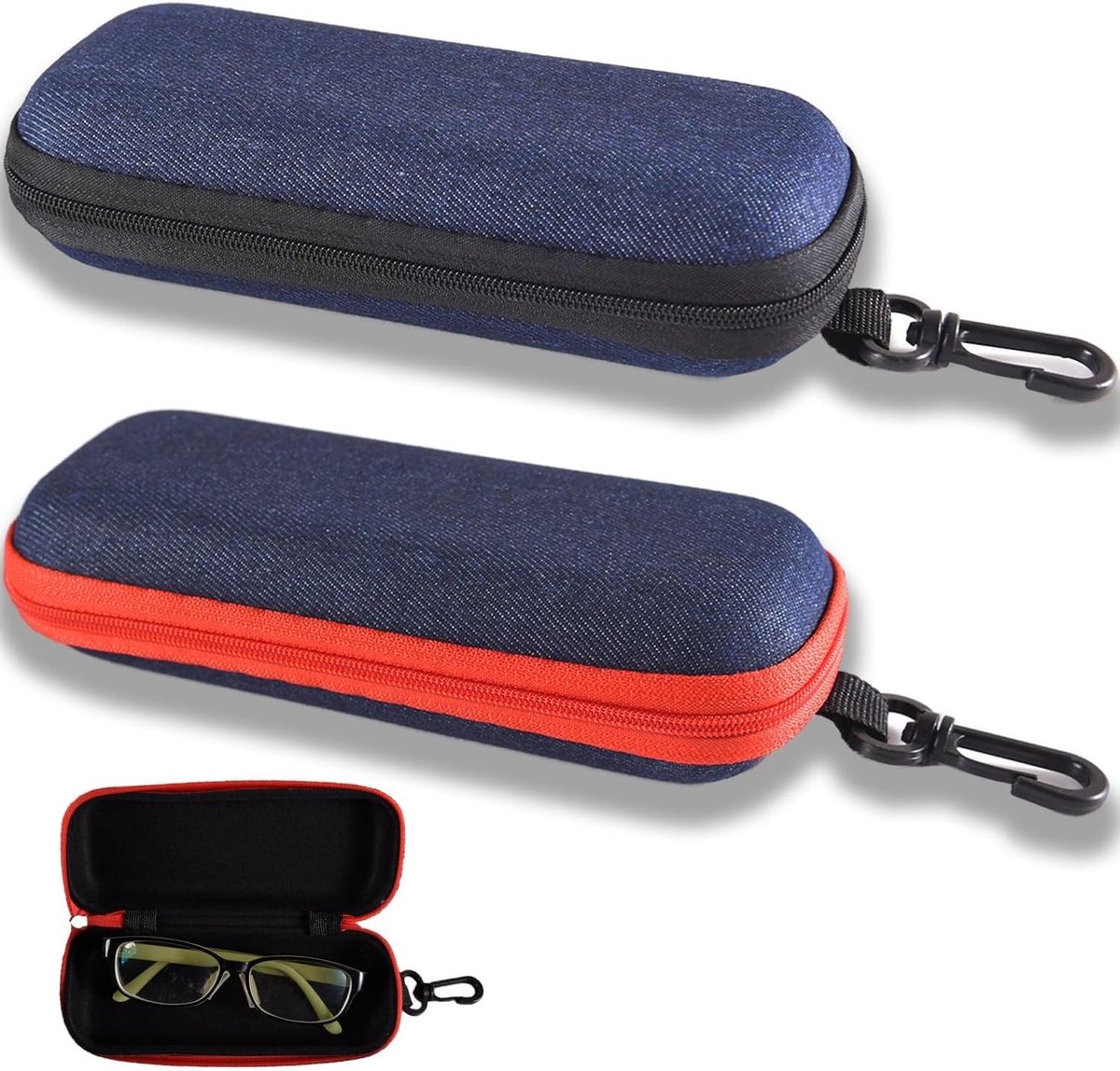 2 Stuks Draagbare Denim Brilhoes, Mode Zachte Stof, Rits Sluiting, Harde Bescherming voor Zonnebrillen en Leesbrillen (Rood, Zwart)