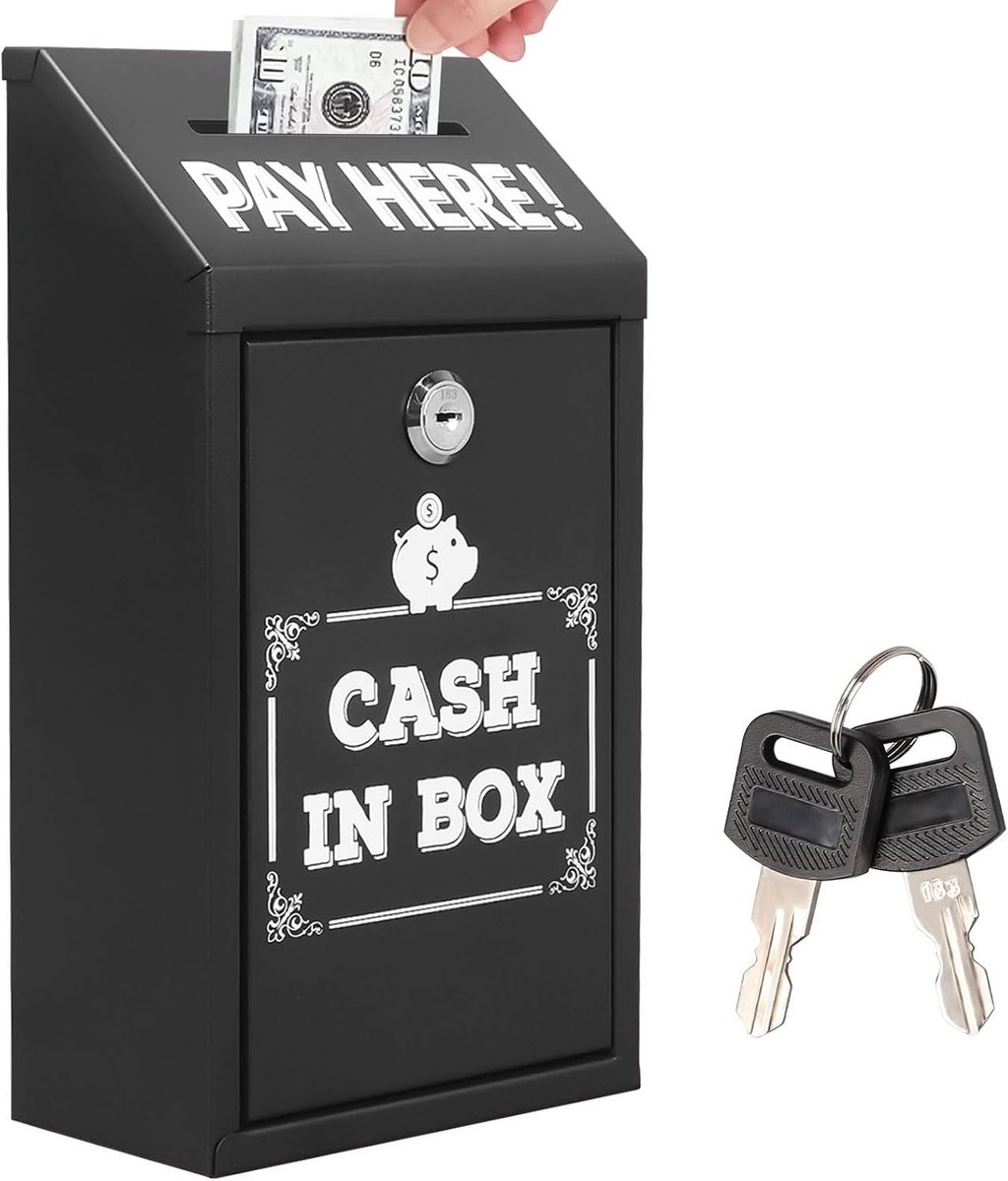 Geldbox met Sleutel, 14.5*7.5*26 cm, Donatiebox, Vergrendelbare Metalen Kluis voor Thuis, Kantoor en Buitengebruik