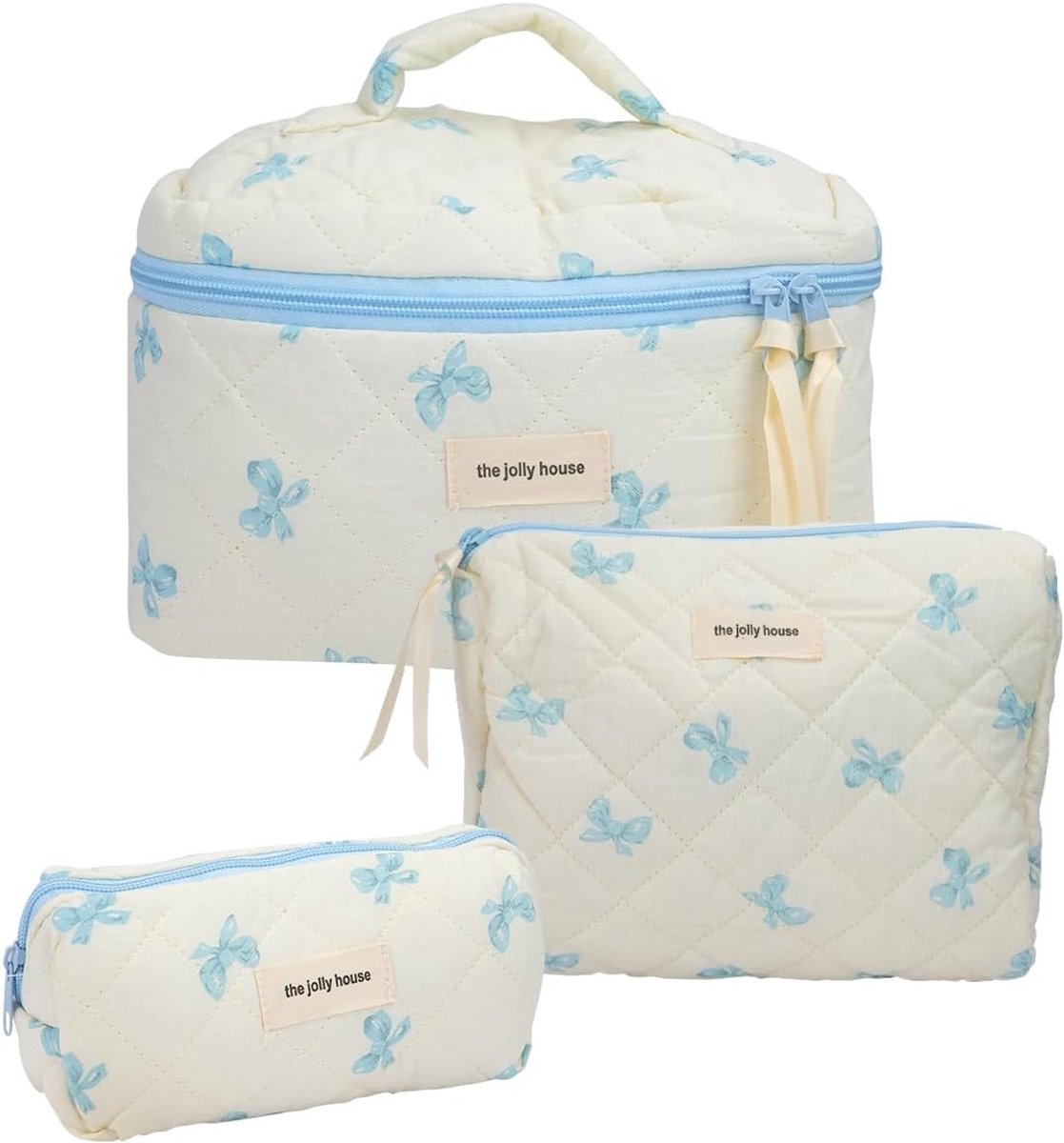 Cosmetica set met 3-delige tasjes in blauw met strik, ideaal voor make-up en accessoires