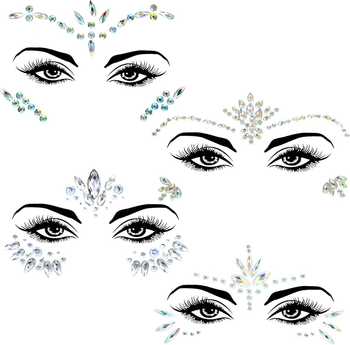 4 Stuks Glitter Steentjes voor Gezicht, 4 Stijlen Tijdelijke Tattoos met Rhinestones en Kristallen voor Feestmake-up en Carnaval
