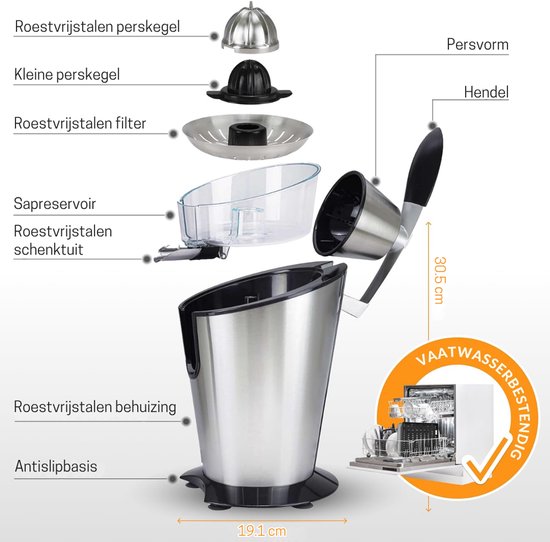 SNJY® Sinaasappelpers - Citruspers - Fruitpers - 200 W - 400ML - Zilver van SNJY — afbeelding 4