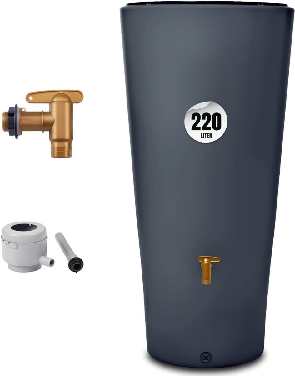 Allvia® Waterton - Regenton - Watertank - 220 Liter - Afvoerklep en Afvoerbuisaansluiting - Grafietgrijs - Grijs - 58cm x 58cm x 120cm