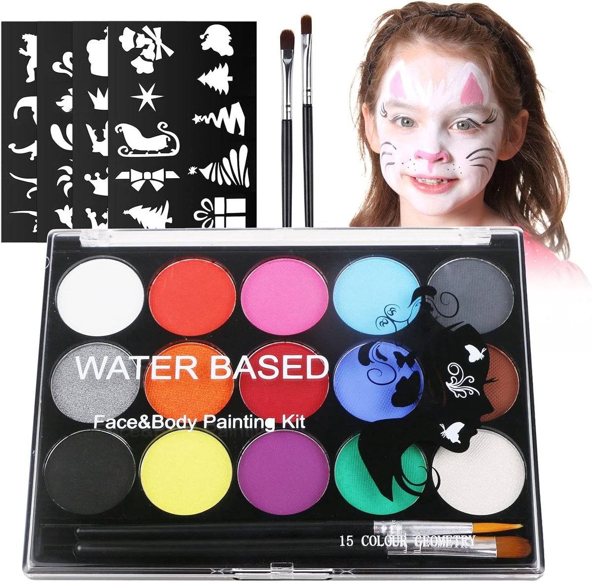 Complete Face Paint Set met 15 Kleuren, 2 Kwasten en 32 Sjablonen - Wasbare en Veilige Make-up voor Halloween, Carnaval en Feestjes, Geschikt voor Kinderen en Volwassenen