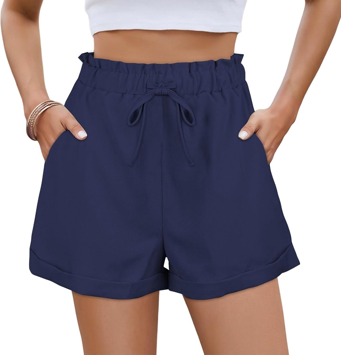 Losse Casual Hoge Taille Dames Shorts voor Zomer met Elastische Tailleband van Katoen en Linnen, Ideaal voor Strandvakantie en Thuis, Donkerblauw, Maat L