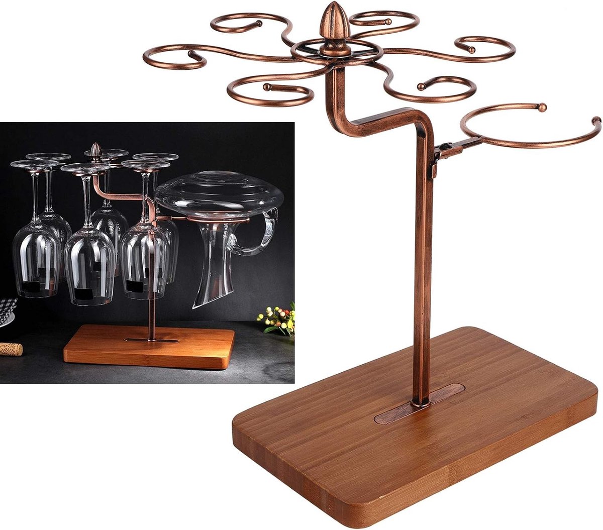 Elegant wijnrek voor tafel met 6 haken, ideaal voor glazen en flessen, perfect voor keuken, woonkamer en eetkamer