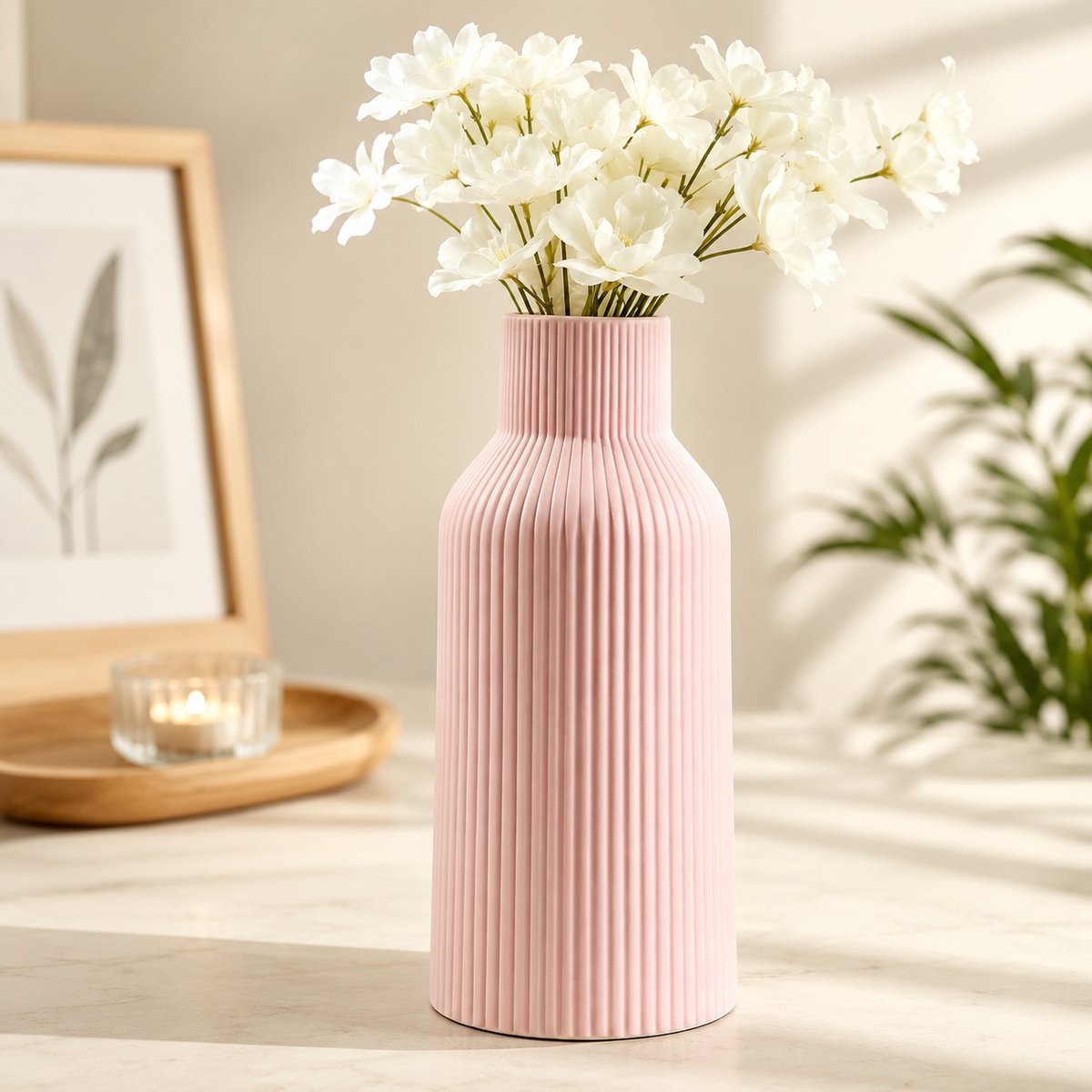 Keramische vaas met verticale textuur voor pampasgras en droogbloemen, moderne bohemian stijl, roze, 20,5 cm