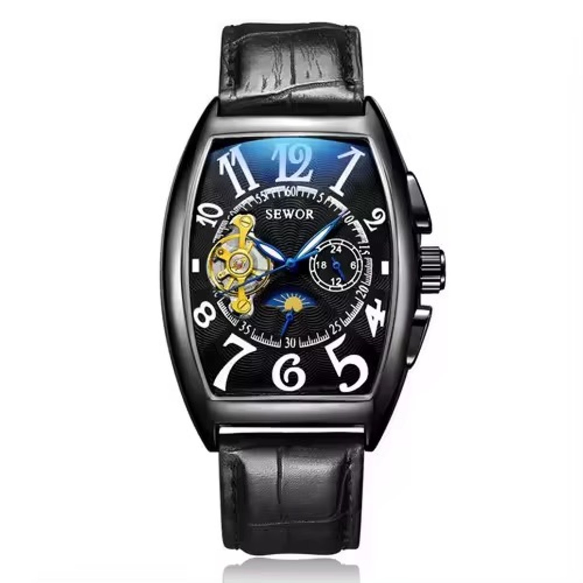 Soraro Automatische Tourbillon Horloge Zwart | Waterafstotend | 42mm | Cadeau Giftbox | Leer | Zwarte Band