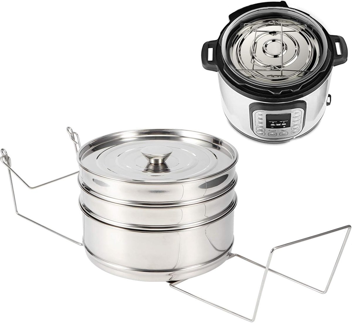 Stapelenbare Stoominzetstukken met Sling voor Druk Cooker Accessoires - Pot in Pot, Bakken, Casseroles en Lasagne Pannen, Voedselstomer voor Druk Cooker, Verstelbare Deksels en Koken met Stoom