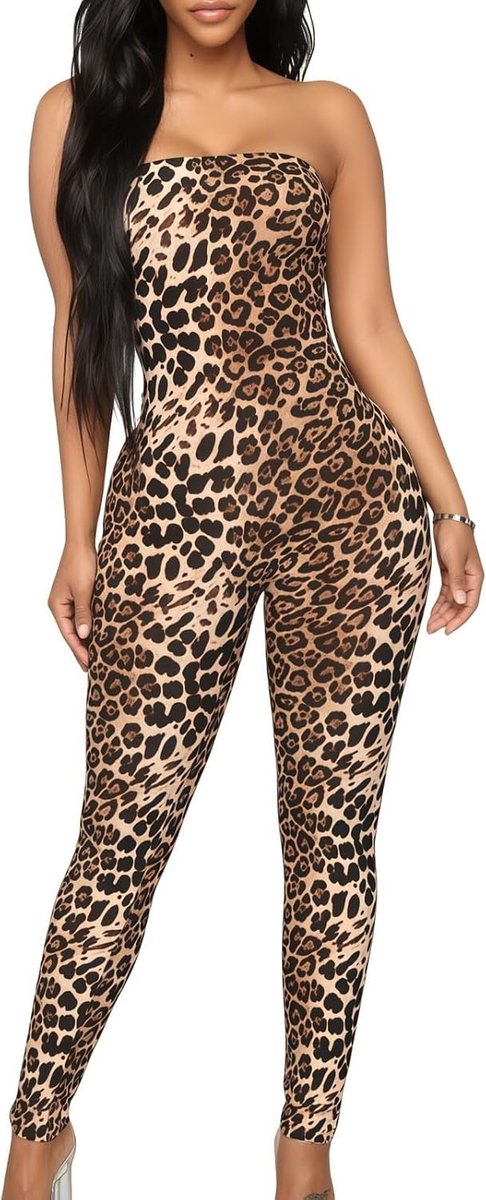 Dames Jumpsuit met Luipaardprint, Strapless Bodycon Outfit, Slim Fit Lange Sexy Overall voor Avond en Feestjes