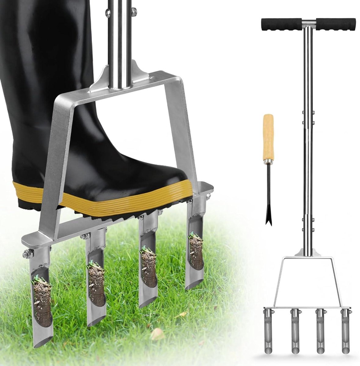 Gazonbeluchter Roestvrij Staal - Bodemluchter Tuin - Gazon Ventilatie - 4 Holle Tanden - 94 cm Lengte - Zwart