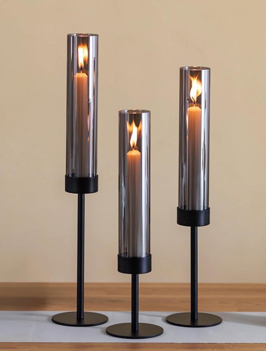 Kaarsenstandaard Set - Windlichten Metaal - Sfeervolle Decoratie - Veilig Glas - 3 Stuks - Zwart