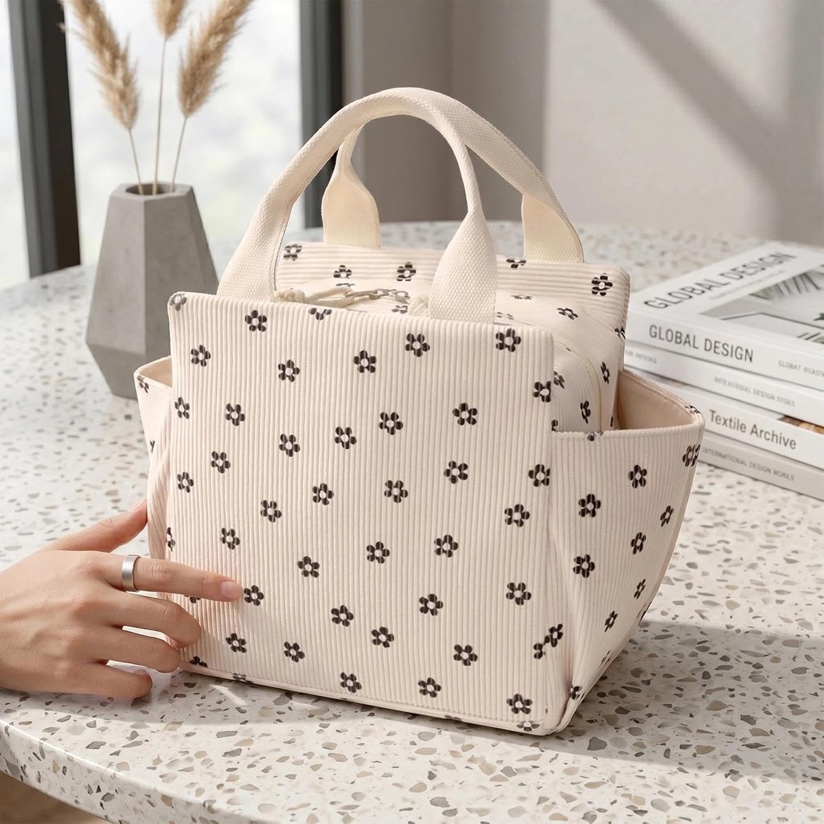 Lunchtas 12 L - Corduroy met aluminiumfolie - Opvouwbaar met pruimenbloemmotief - Ideaal voor school - ShopVlot