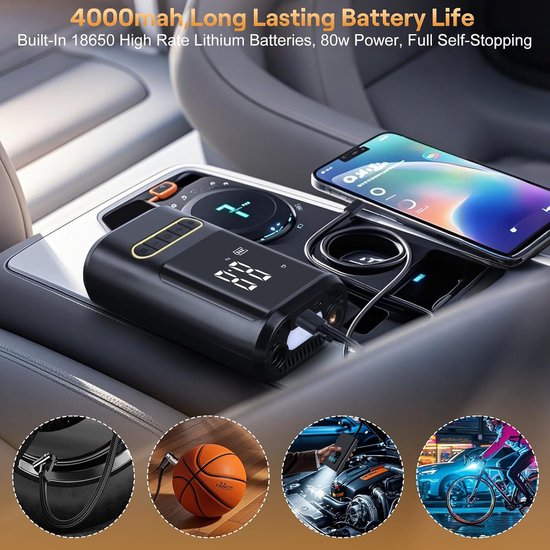 Draagbare Elektrische Luchtpomp 150 PSI, 4000 mAh Oplaadbare Accu Fietspomp, Compatibel met Alle Ventielen, Ingebouwde LED Verlichting, Mini Luchtcompressor voor Fiets, E-bike, Auto, Motor en Sportballen — afbeelding 4