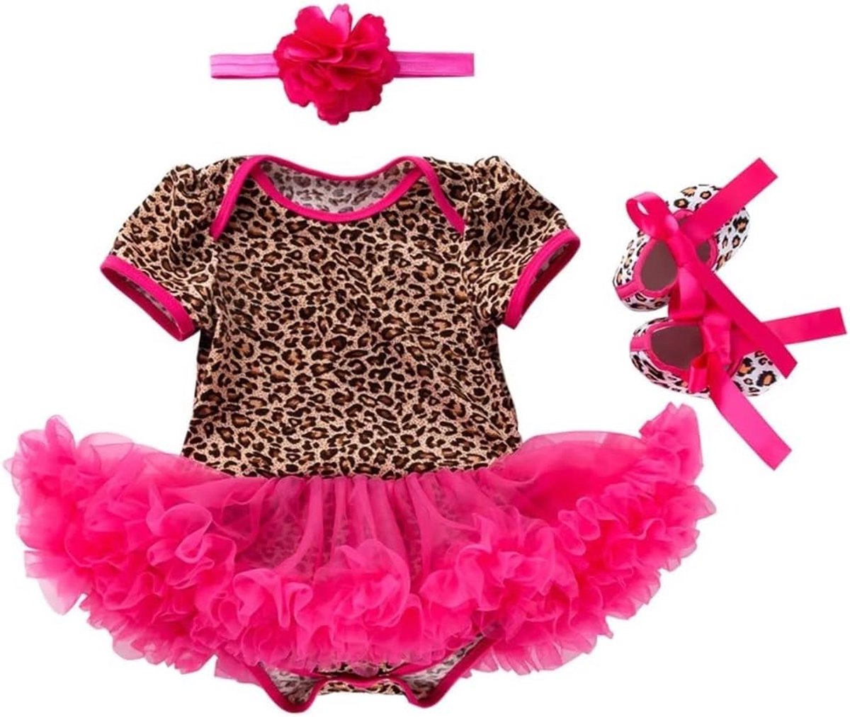 Baby Baby Leopard Zebra Printed Outfit Cotton Tutu Dress Shoes Headband 3PCS (0-6 Months, Hot Pink Leopard) - ShopVlot