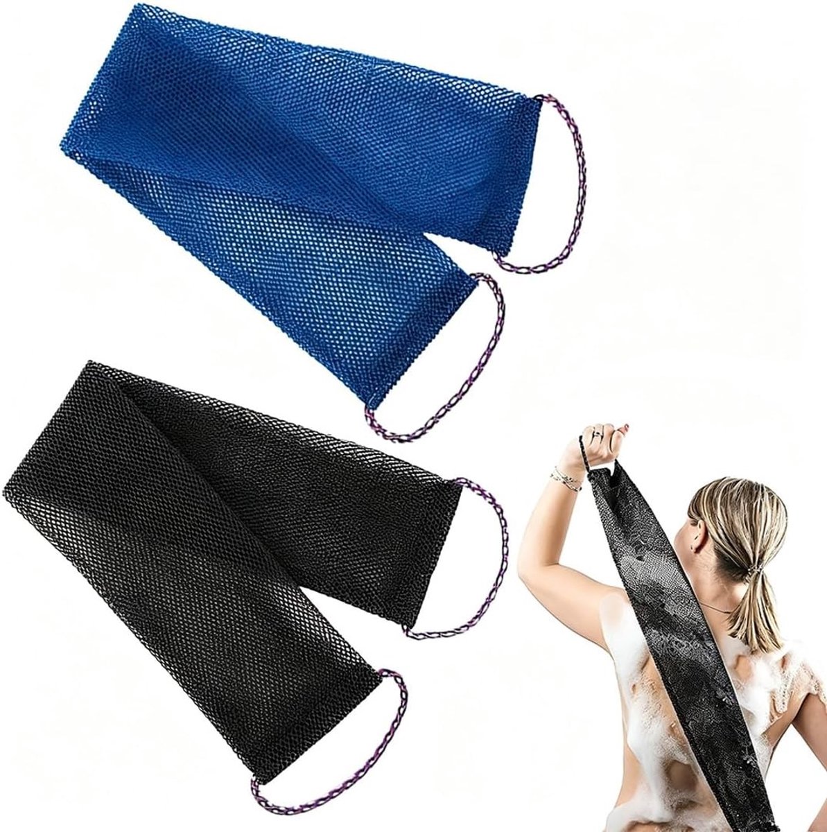 Dubbelzijdige Afrikaanse scrubsponzen met handgrepen – zacht en ruw voor optimale lichaamspeeling – paars en blauw, perfect voor huidverzorging en exfoliatie