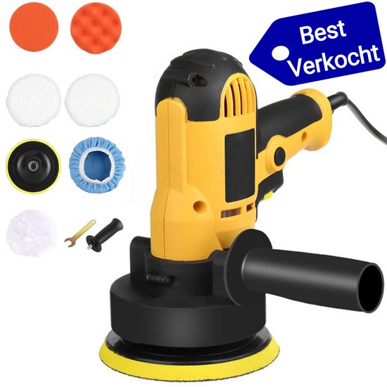Gele polijstmachine met extra accessoires, waaronder polijstschijven. "Best Verkocht" label.