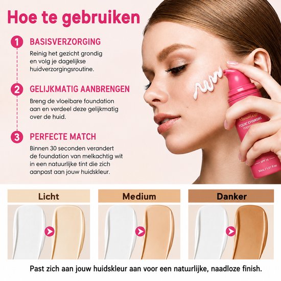 Model brengt roze flacon foundation aan. Demonstratie van lichte, medium en donkere huidtinten.