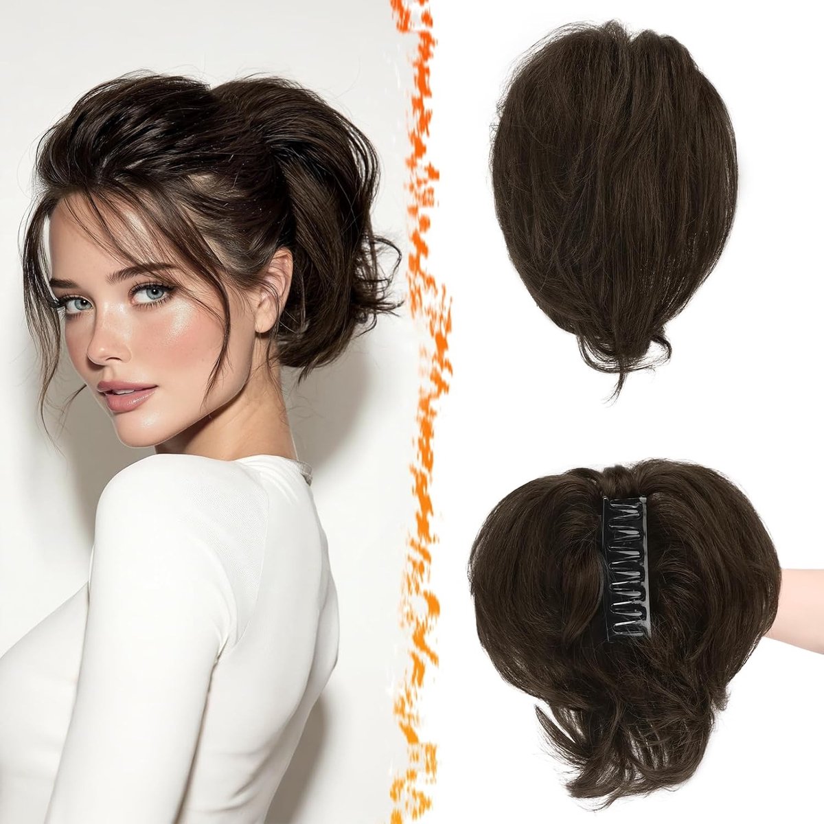 Korte Ponytail Extension van Echte Haar met Buigbare Metaalclips, 20cm Claw Clip voor Dikke Natuurlijke Donkerbruine Mix en Messy Bun Stijlen voor Vrouwen