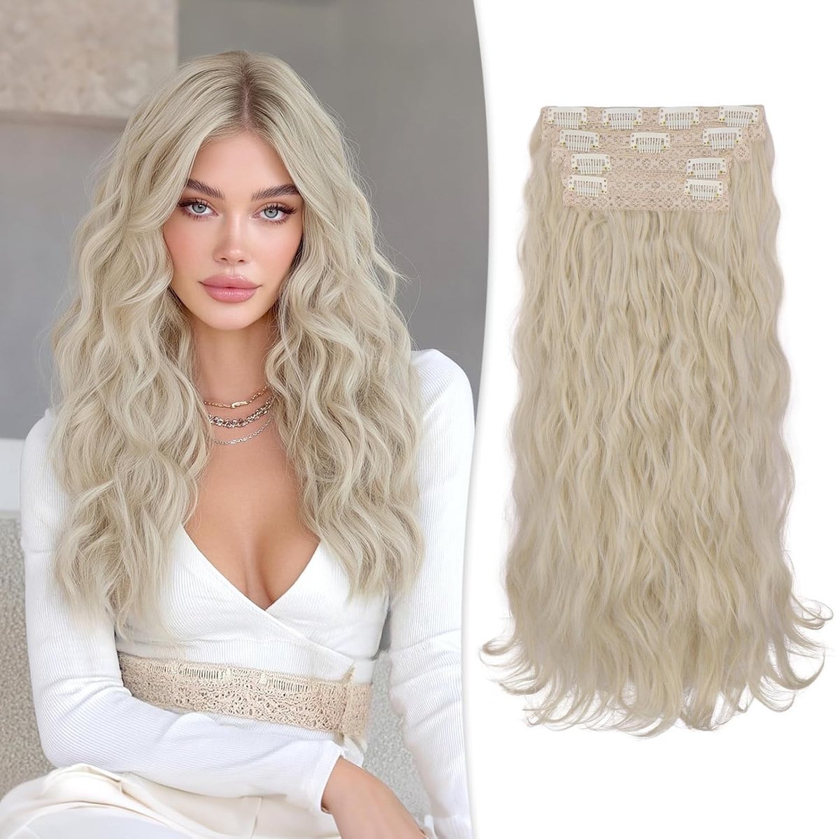 Klip in Haarextensions, 45 cm Lang Golvend en Krullend, 4-delige Synthetische Haarstukken voor Vrouwen in Lichtbruin met Platina Blond