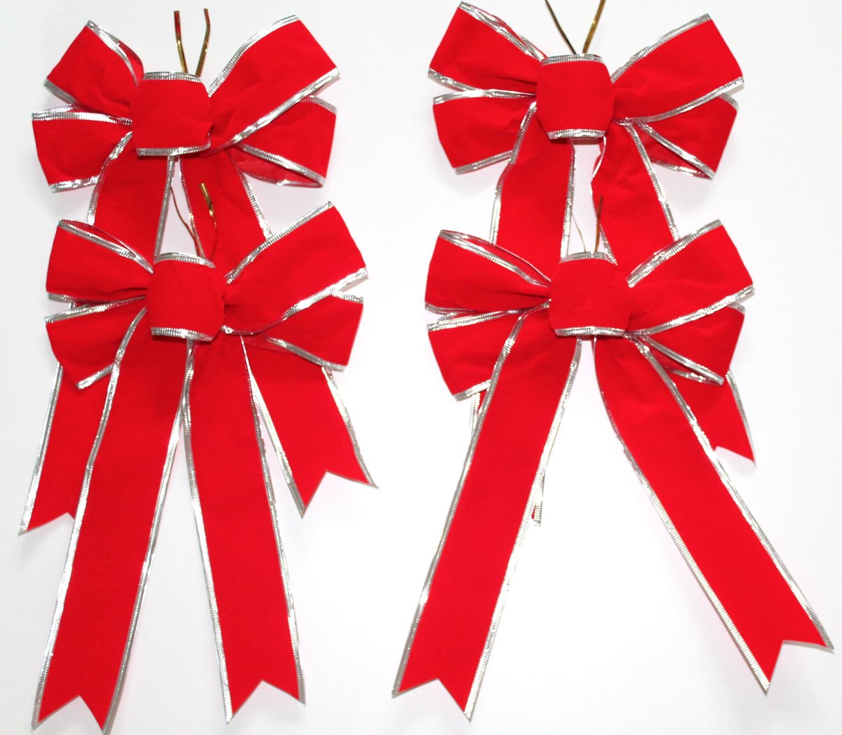Velours strikken set van 4 - 20 x 30 cm - rood-zilver - kerstdecoratie voor cadeaus - ShopVlot