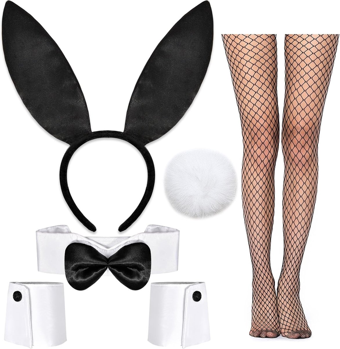Complete Konijn Accessoires Set voor Dames - Konijn Kostuum voor Halloween met Oren, Kraag, Manchet, Staart en Netkousen voor Carnaval