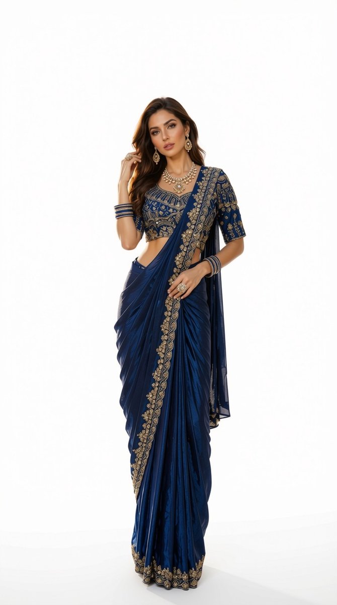 Simhera Threads Navy Blue Designer Saree with Golden Embroidered Border & Heavy Embroidered Blouse