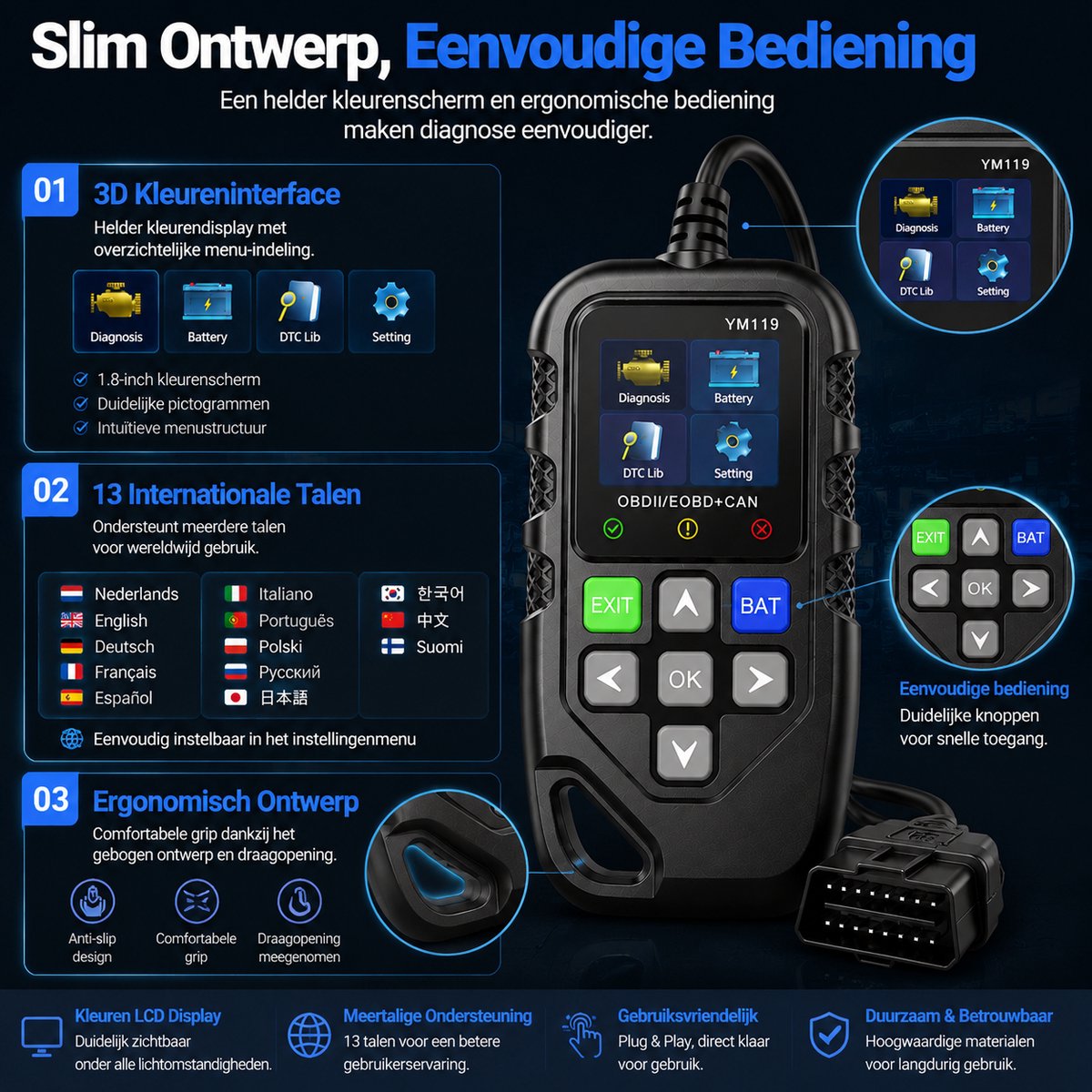 OBD2 Scanner - Auto Uitlezen en Storing Verwijderen - Diagnoseapparatuur voor Auto's - Motorstoring Lezen en Wissen - Real-time Data - LCD Kleurenscherm - 13 Talen - Voor Auto Reparatie en Onderhoud thumbnail 3