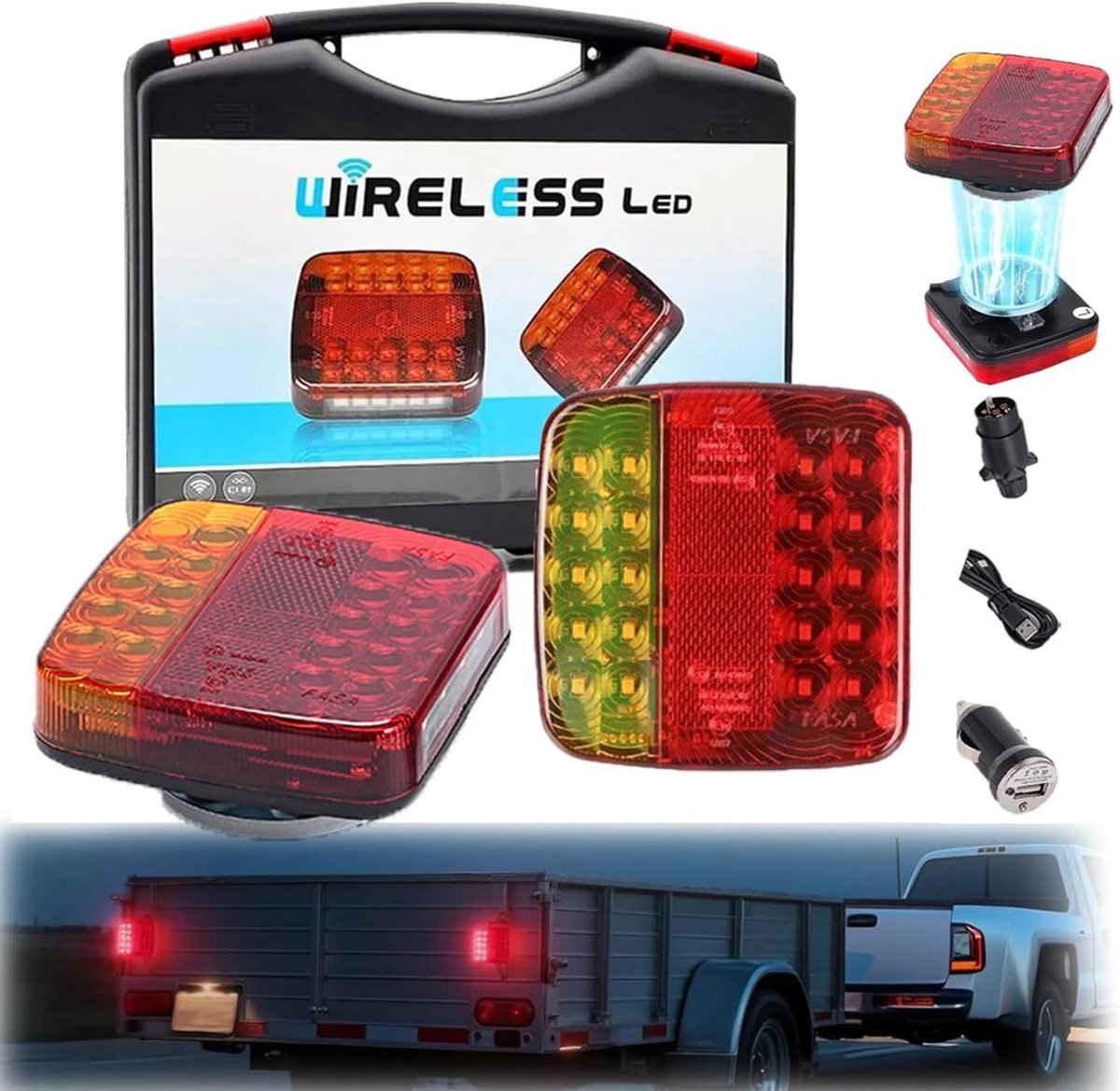 Draadloze LED Achterlichten met Magnetische Basis (2 Stuks) voor Aanhangers, Inclusief Remlicht, Positielicht en Knipperlichten, ECE Goedkeuring