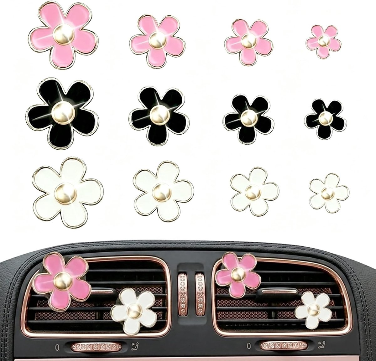 Geurclips voor auto, 12 stuks met madeliefjesdesign, ventilatiesproeiers en luchtverfrisser voor een frisse geur