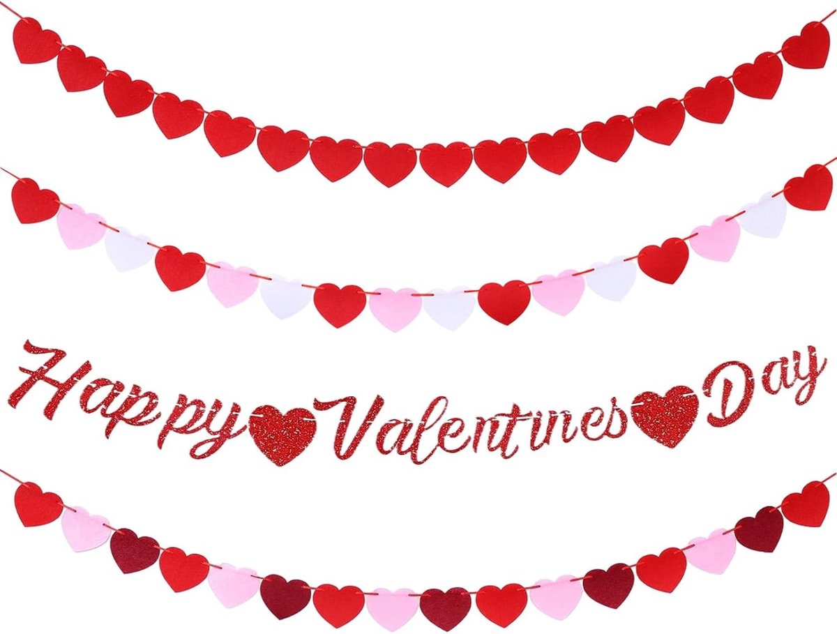 Set van 4 Valentijnsdecoraties - Hartvormige vlaggen en "Happy Valentine" banner voor romantische feesten, jubileum en voorstellen