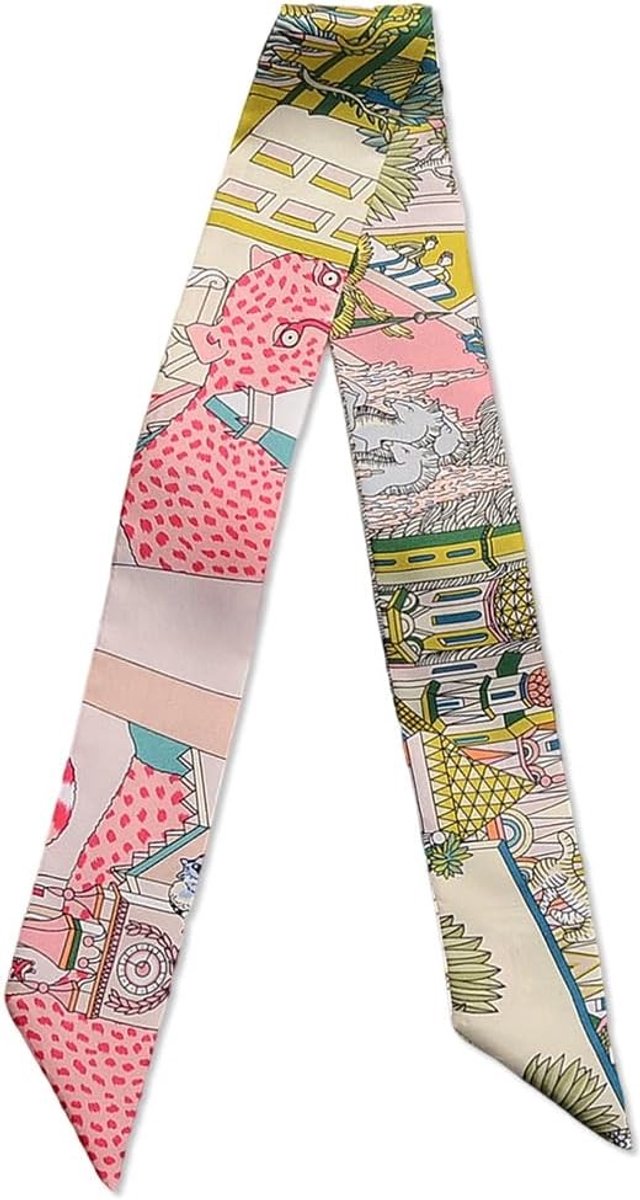 Elegante Zijden Sjaal met Bloemen- en Luipaardprint voor Dames | Slanke Neckerchief en Haarband | Ideaal voor Handtas en Modeaccessoire