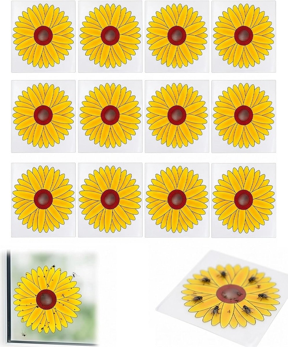 Effectieve en geurloze vliegenvallen voor ramen, 12 stuks met zonnebloemdesign, ideaal tegen vliegen, fruitvliegen en muggen in huis.