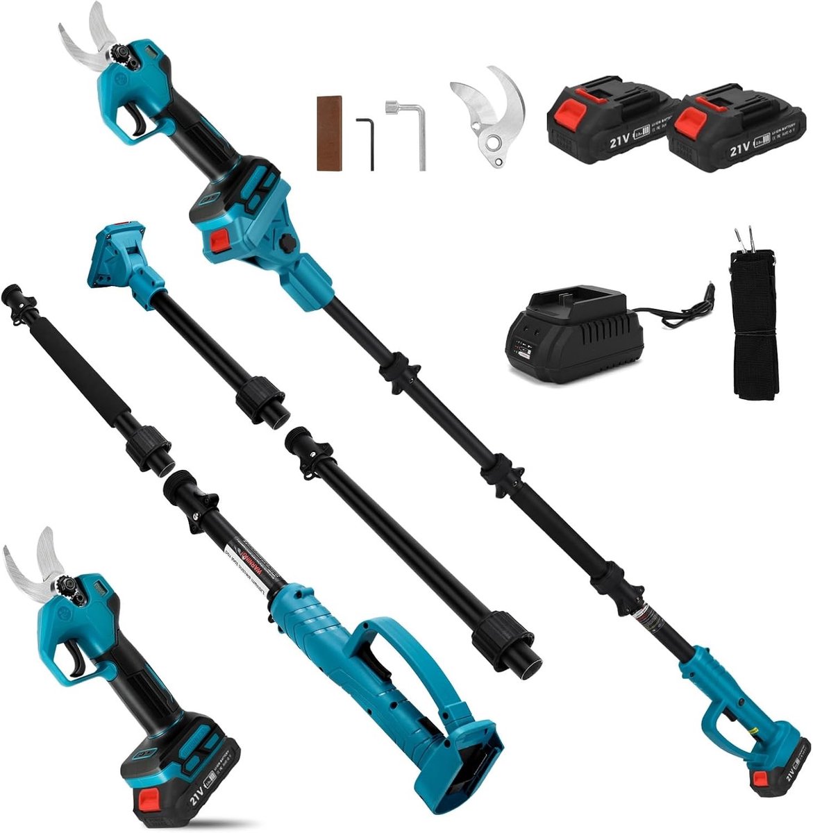 Accu Snoeischaar met 2 x 2.0 Ah Batterij, Elektrische Tuinschaar met Uitschuifbare Steel tot 4.5 m, Max. Snijdikte 30 mm, LCD Scherm en Tuinaccessoires