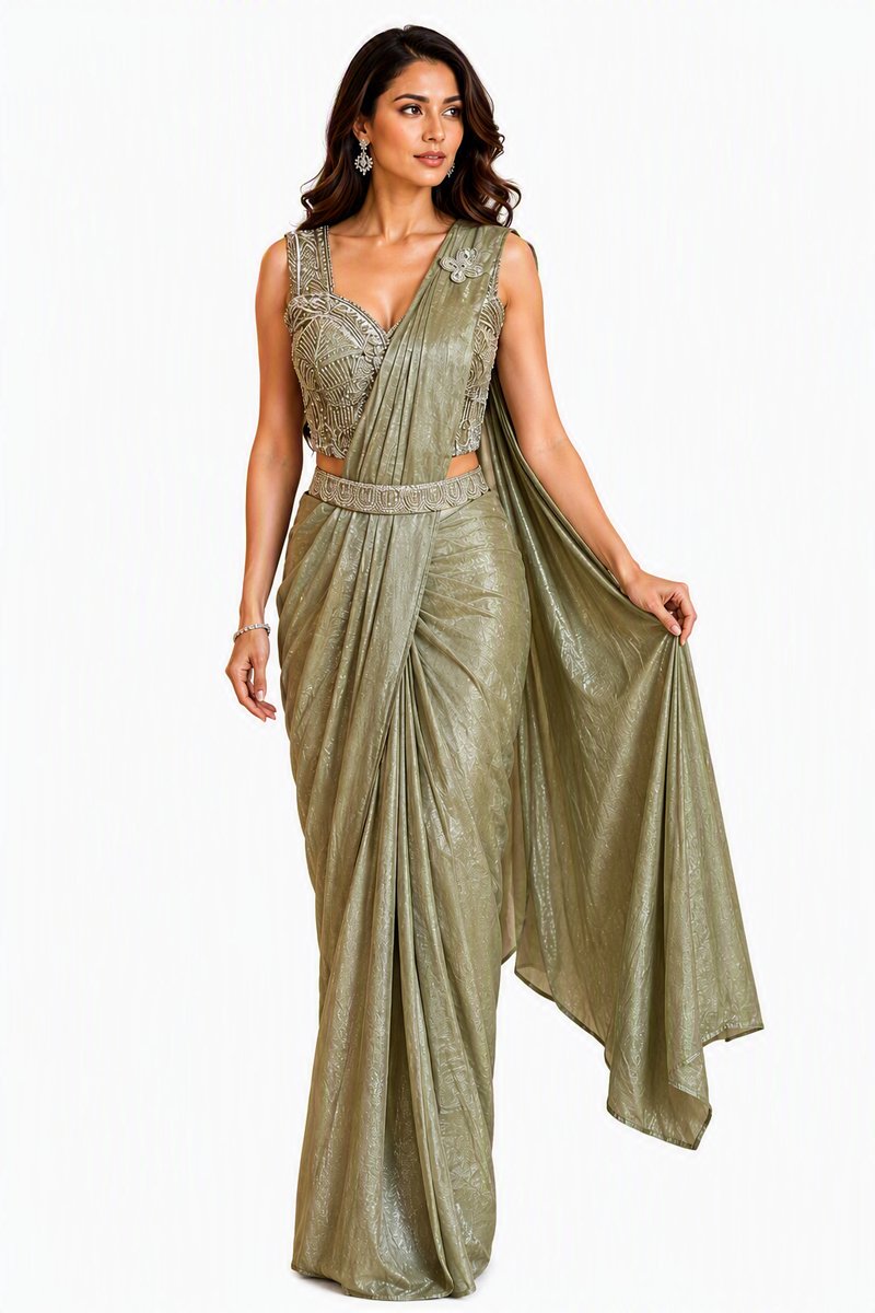 Simhera Threads Premium Designer Shimmer Saree with Embellished Blouse Piece - Sage Green Party Wear Saree for Women