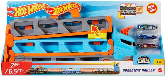 Hot Wheels Speedway Hauler speelset met blauwe cabine, grijze en oranje oplegger. Inclusief 3 speelgoedauto's.
