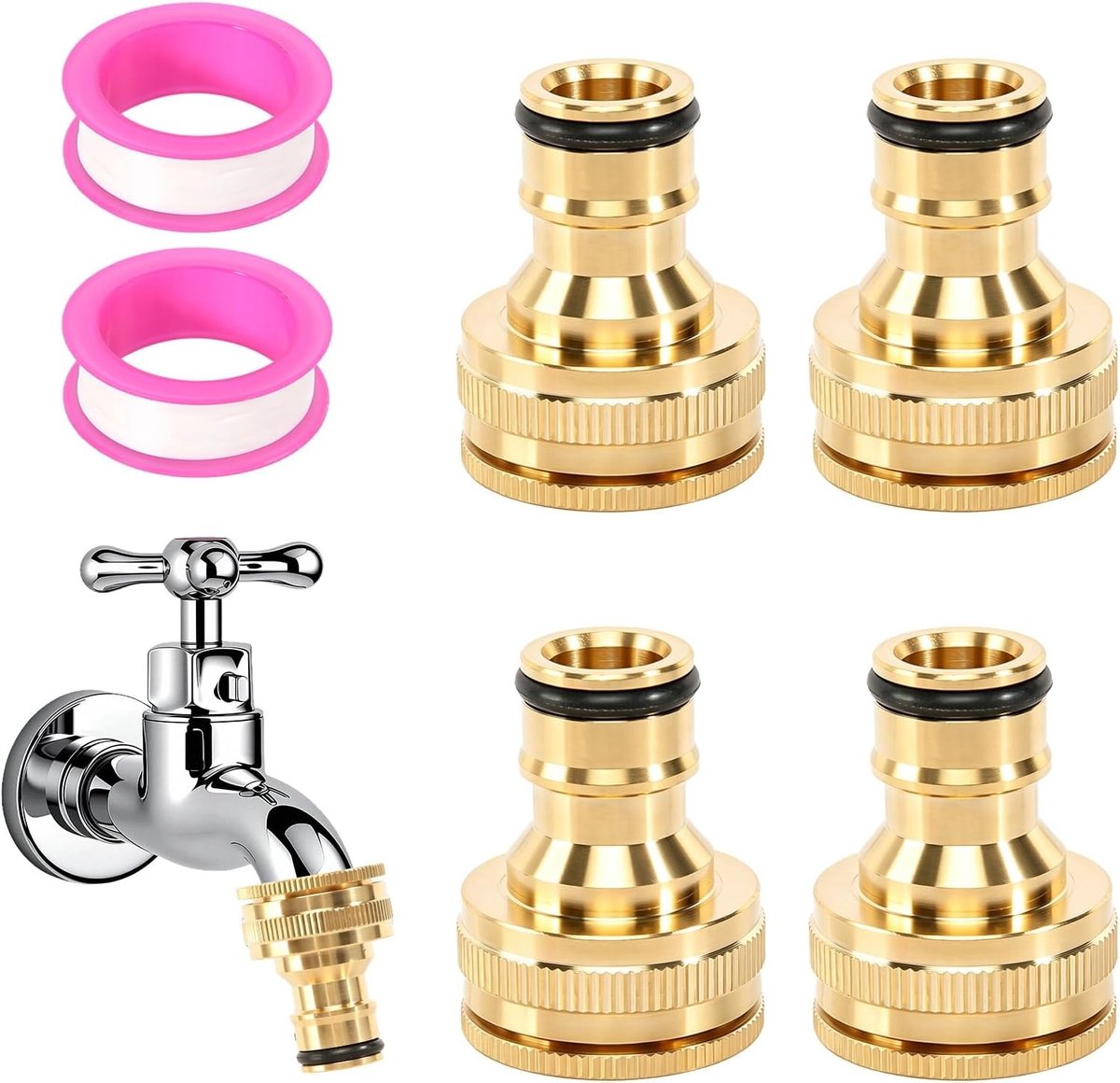4 Stuks Slangkoppeling voor Tuinslang 1/2 en 3/4 Inch, 2-in-1 Kraanadapter met Waterdichte Tapes, Ideaal voor Slangconnector en Tuinspuitpistool