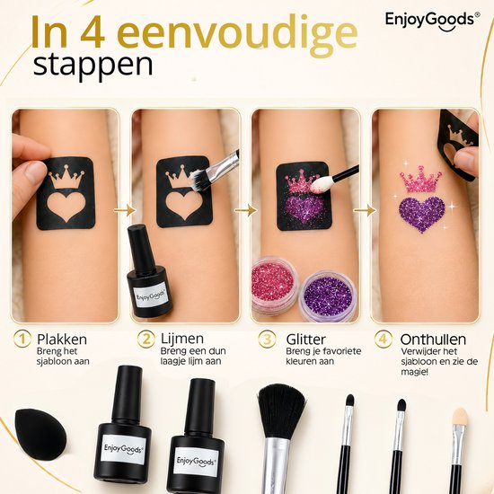 Stappenplan voor glittertattoos: sjabloon aanbrengen, lijm aanbrengen, glitter aanbrengen, sjabloon verwijderen. Set bevat lijm, glitters, penseel en spons.