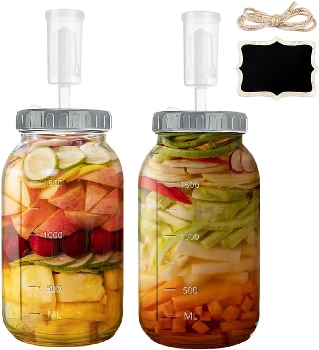 Fermentatiepot 1.9L 2 Stuks, Ideaal voor Kimchi, Zuurkool en Zuurdeegstarter met Luchtdichte Deksel