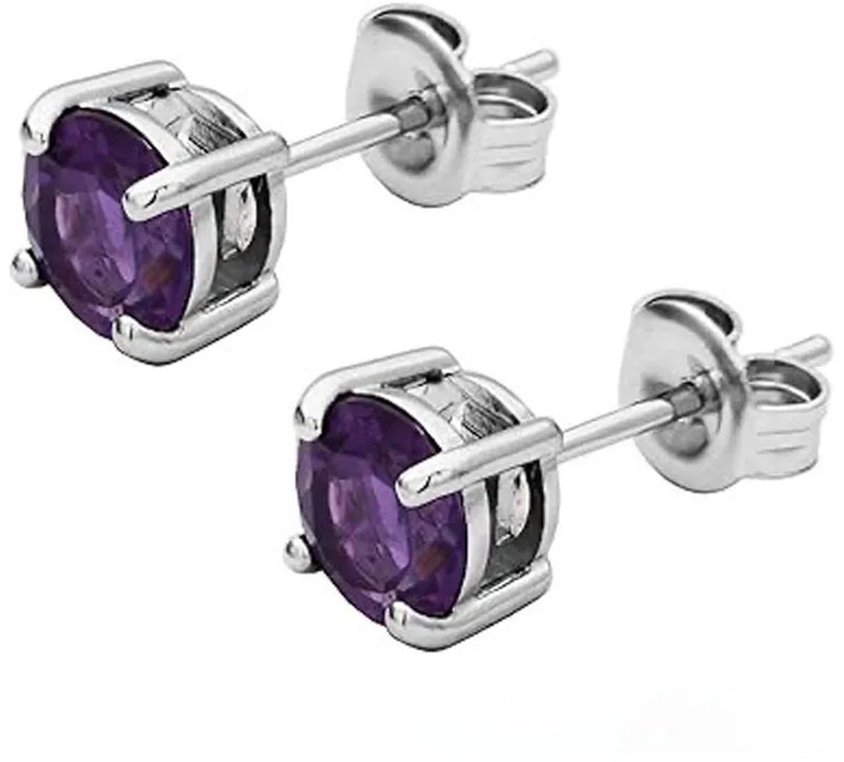 Stalen Ronde Oorstekers Zilverkleurig Zirkonia 6 mm – Paars