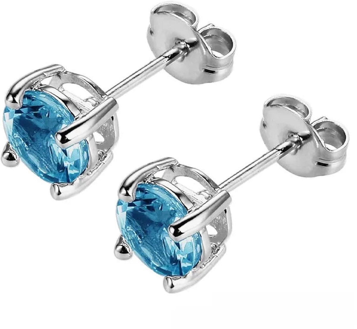 Stalen ronde oorstekers zilverkleur zirkonia 6 mm–Aqua Blauw Oorbellen