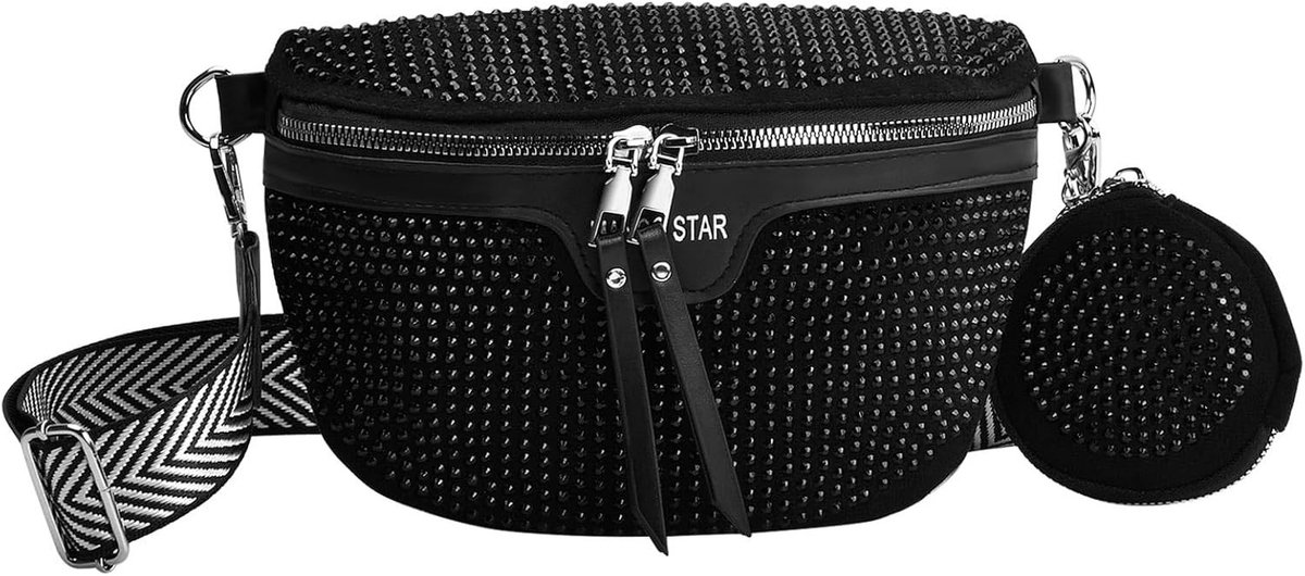 Elegante heuptas van PU-leer met strass en afneembare portemonnee voor feest, festival en sportactiviteiten, zwart, trendy en praktisch