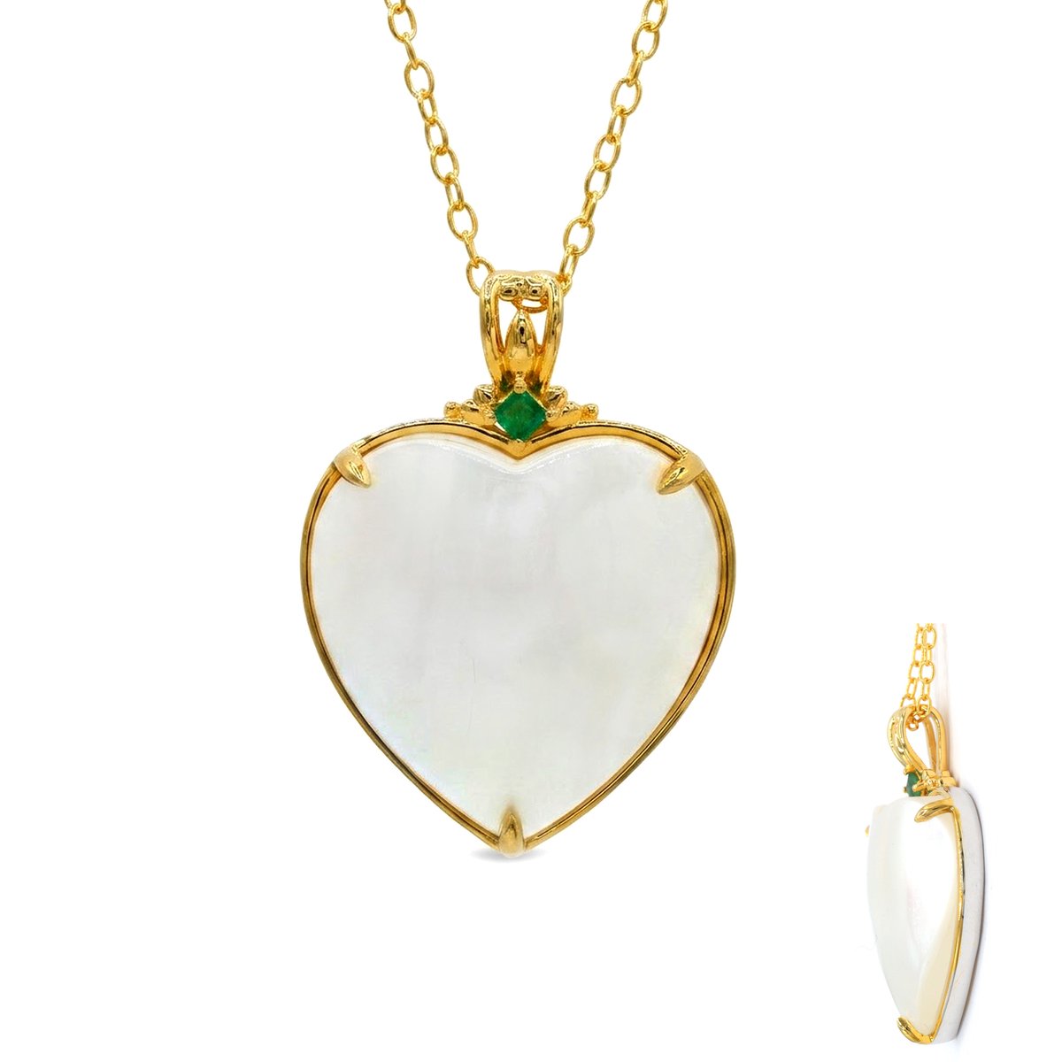 Cavill - Zilveren Halsketting - 925 Sterling Zilver - Hartvormige Witte Mabe Parel 21mm - 0,063ct Zambia Smaragd - Elegant Dagelijks