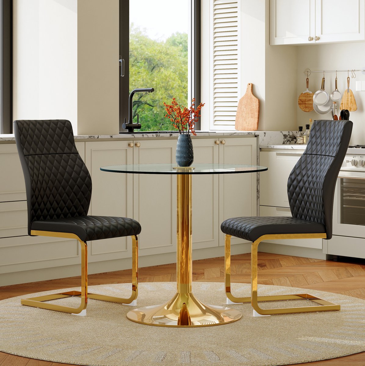 Wishdor Ronde eettafel set - Modern - 85 cm glasblad - Gouden metalen onderstel - 2 stoelen - Zwart goud - Transparant - Voor eetkamer en kleine ruimtes