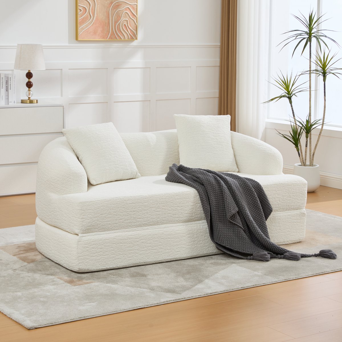DESMIU Slaapbank 2-Zits - Uitklapbaar Tot Bedbank Met 2 Kussens - Voor Woonkamer En Logeerkamer - Chenille Stof - Beige